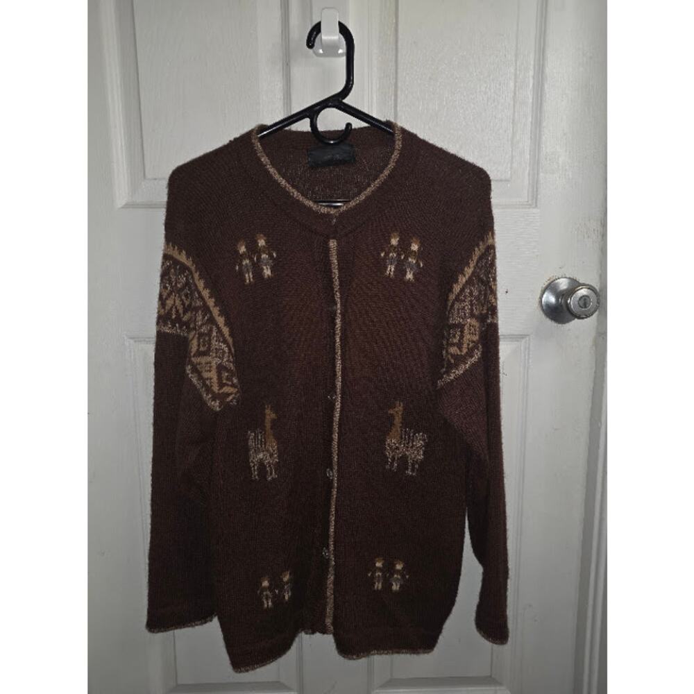 Vintage Baby Alpaca Cardigan Peru Llama Pattern Brown Andean Folk Womens Medium